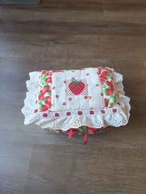 Vintage Hand Made Strawberry Fabric Cottagecore Ruffle Fabric Plush Box